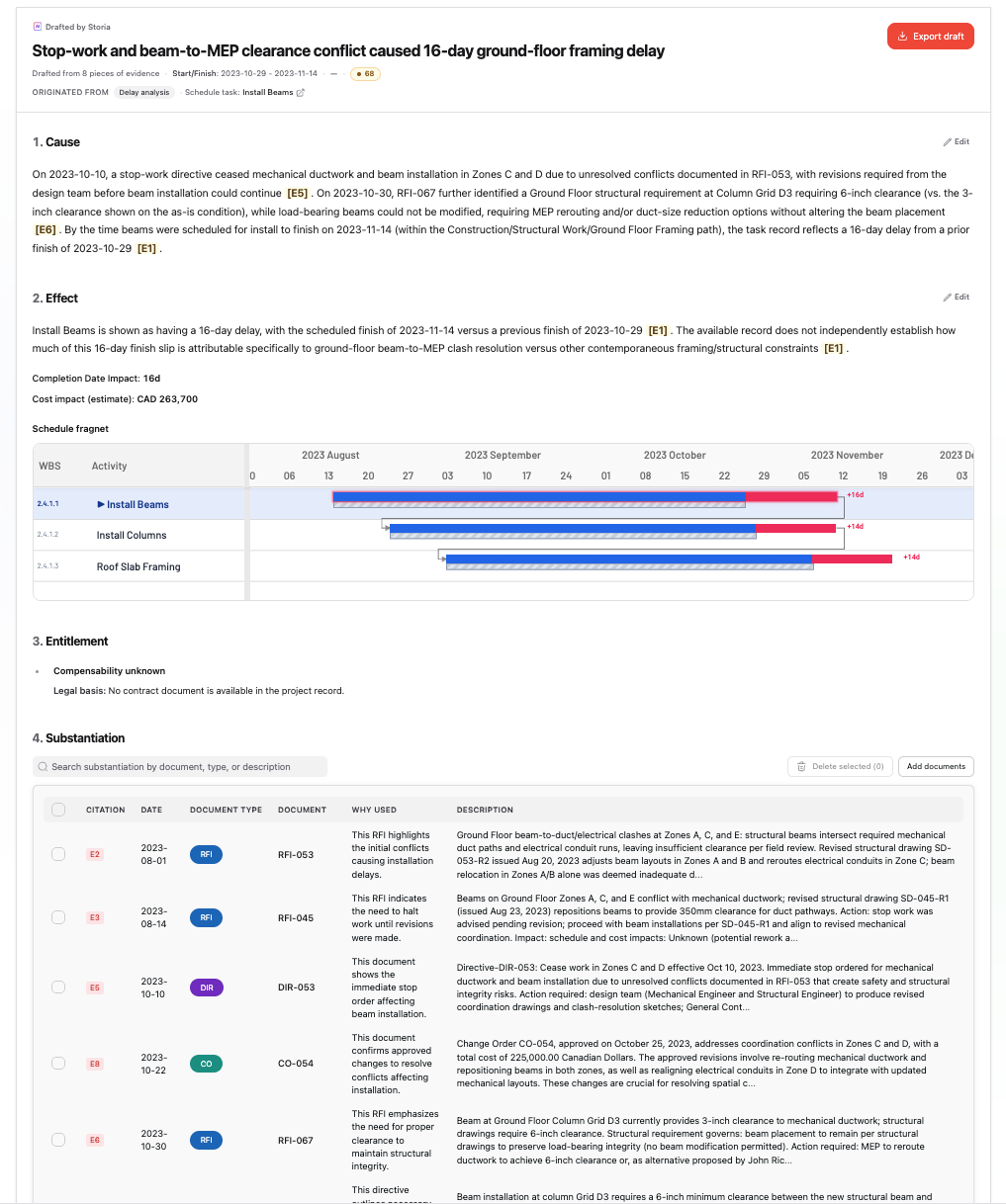 Un événement de réclamation rédigé dans Storia, avec ses sections cause, effet, bien-fondé et justification, chacune citant des documents sources.
